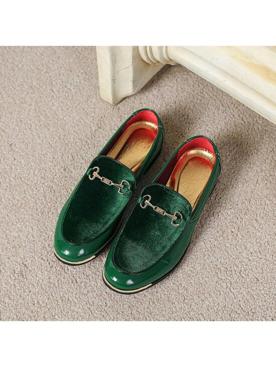 Men\'s Green Rubber Velvet Patent Leather Loafer Gold Buckle Slip On Luxury Shoes main image 7